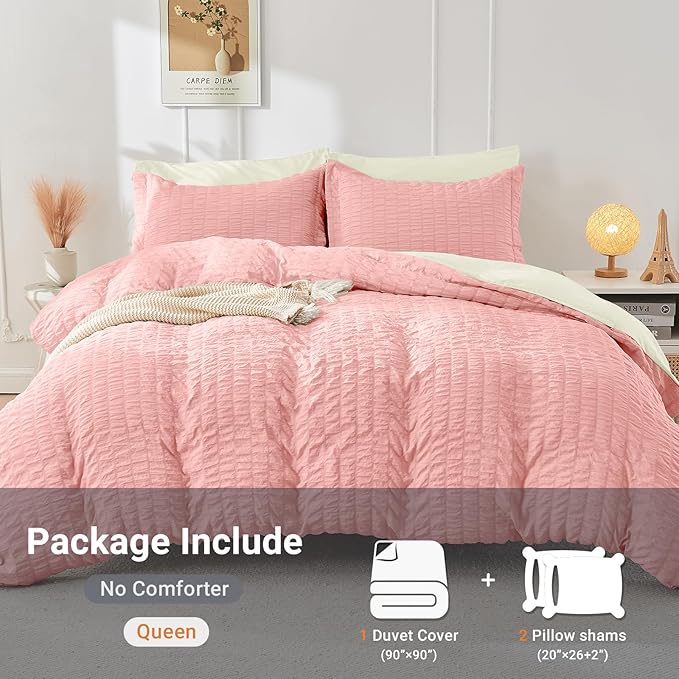 HYMOKEGE Pink/Ivory Duvet Cover Full Size, Ultra Soft 3-Piece Seersucker Duvet - Image 4