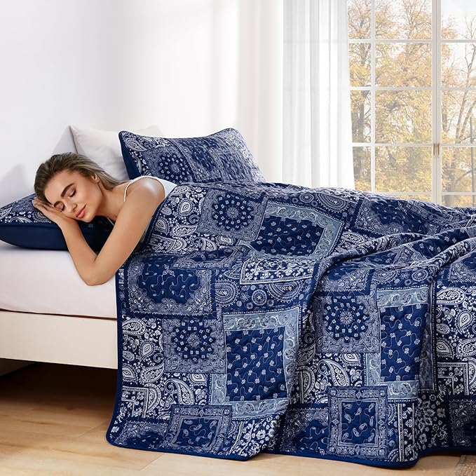 Cottolester Queen Quilt Set 3 Pieces, Boho Farmhouse Bedspread Soft Microfiber - Image 6