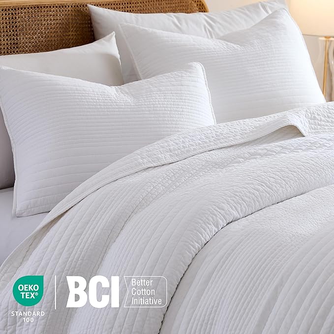 palassio Striped White 100% Cotton Quilt California Cal King Size Bedding Sets - Image 3