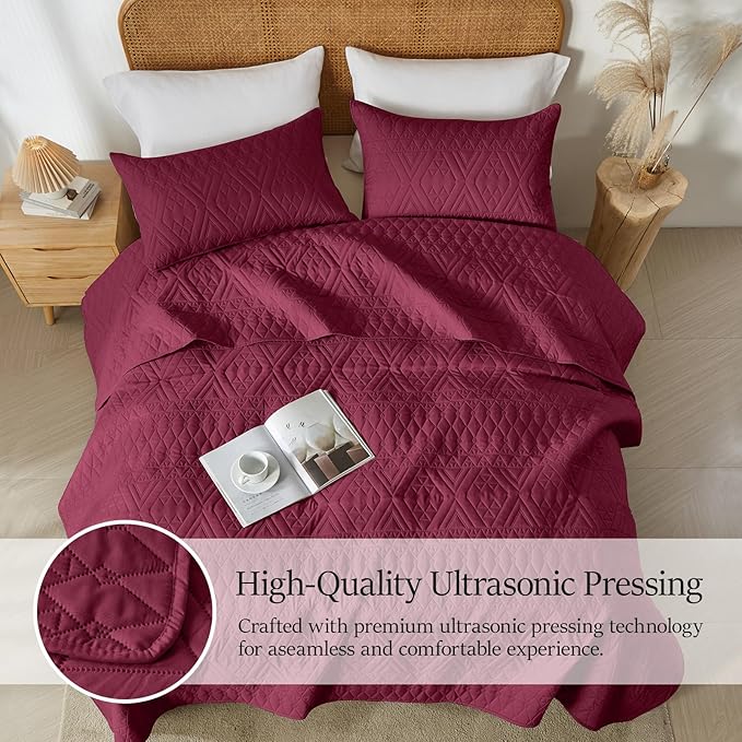 akkialla Twin Quilt Set, Burgundy Lightweight Microfiber Bedspread Coverlet - Image 3
