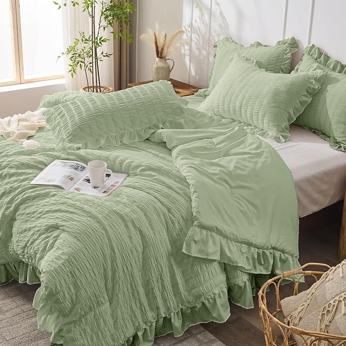 JOLLYVOGUE Sage Green Queen Comforter Set, 3 Pieces Seersucker Comforters Queen - Image 7