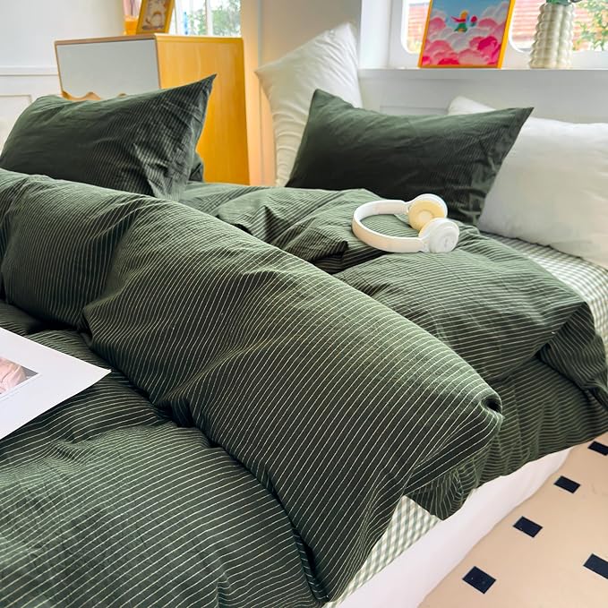 PinkMemory Green Striped Duvet Cover Queen 100% Washed Cotton Olive Green by PinkMemory