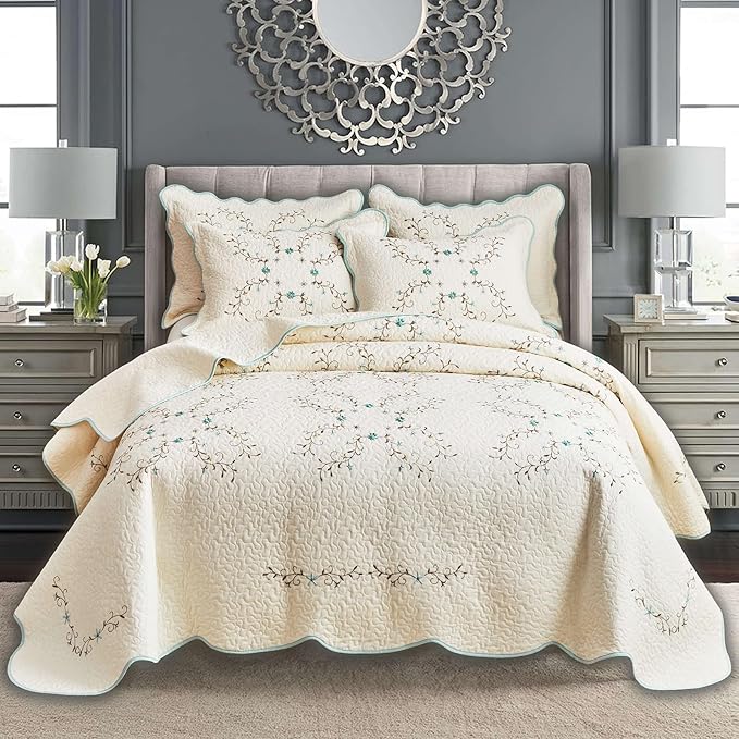 ROOMLIFE Quilt Set Queen Size 3D Floral Embroidery Pattern 3-Piece Cotton by ROOMLIFE