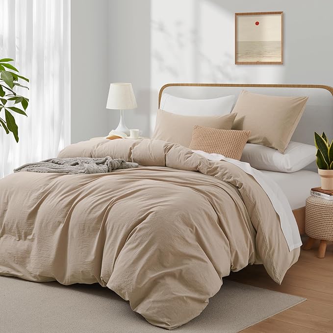 LOVQUE Bedding Duvet Cover Queen Size, 100% Washed Cotton Linen Like Natural - Image 2