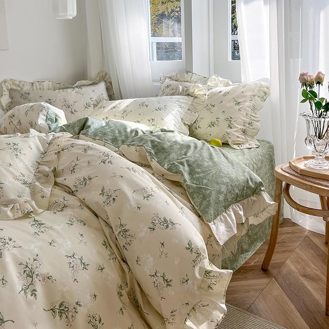 MKXI Botanical Floral Duvet Cover Twin Beige Girls Floral Ruffled Bedding Set - Image 2