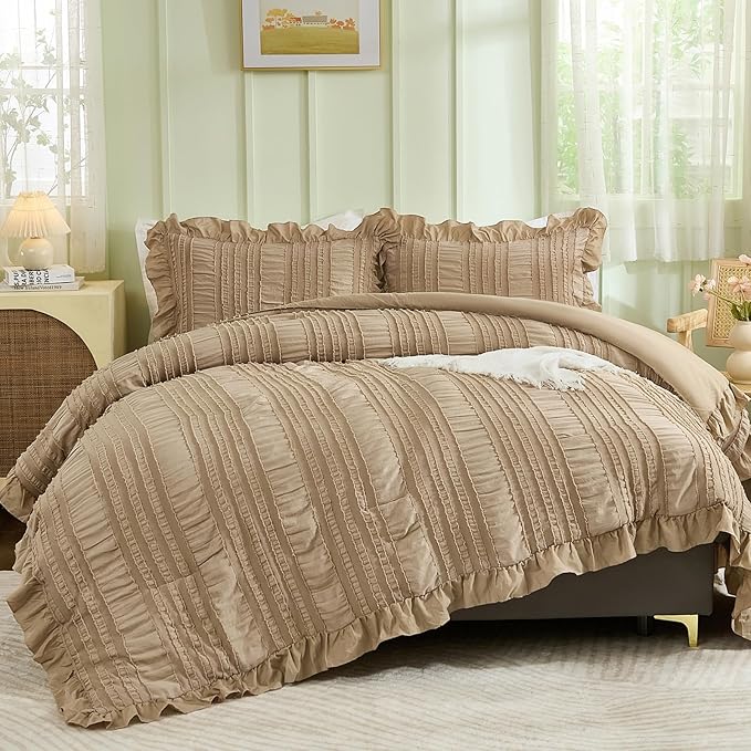 WONGS BEDDING Khaki Comforter Set Queen, 3 Pieces Ruffle Farmhouse Shabby Chic by WONGSBEDDING