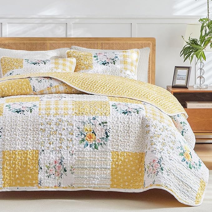 Joyreap 3 Pieces Patchwork Quilt Set California King, 102x114 inches- Yellow n - Image 3
