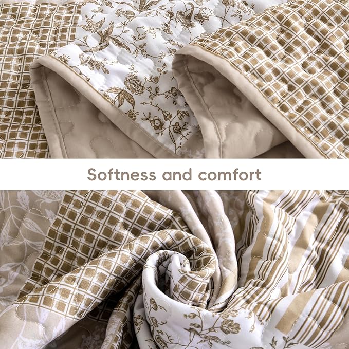Mybedsoul Beige Boho Quilt Set King Size, 3 Pieces Plaid Floral Bedspread Set - Image 4