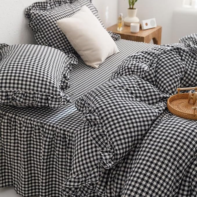mixinni Black White Gingham Ruffle Duvet Cover Queen Size 3 Pieces – 100% - Image 6