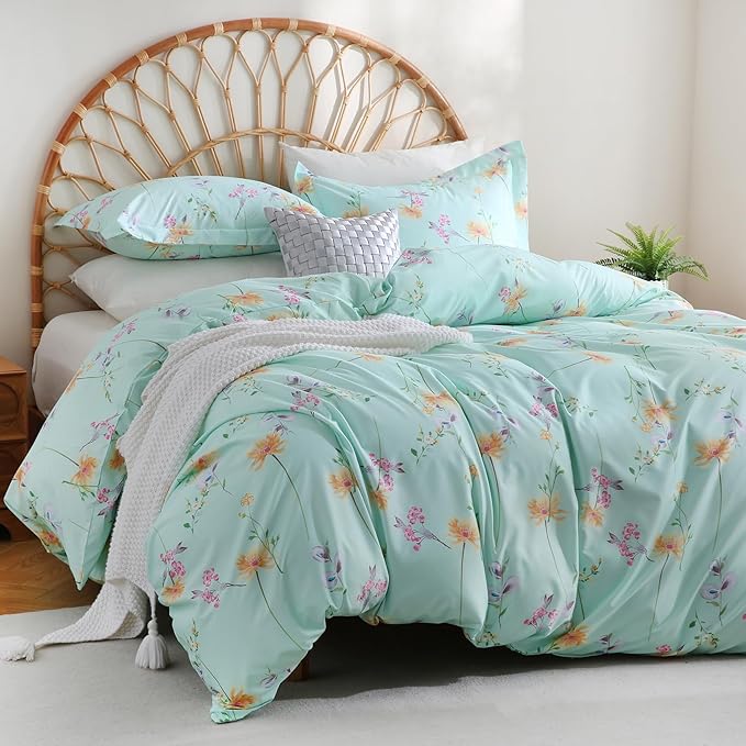 JSD Green Floral Duvet Cover Set Queen Size, 3 Piece Botanical Printed - Image 6