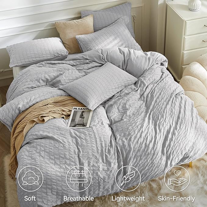 JELLYMONI Light Grey Duvet Cover Queen Size, Soft Breathable Seersucker Duvet - Image 2