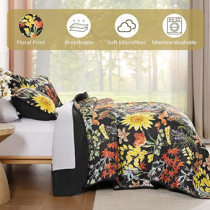 Yiran California King Quilt Set Black, Sunflower Floral Colorful Bedspreads - Image 6
