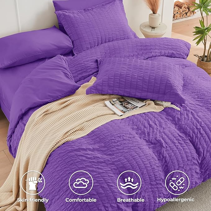 HYMOKEGE Bright Purple Twin XL Comforter Set Seersucker 5 Pieces, All Season - Image 3
