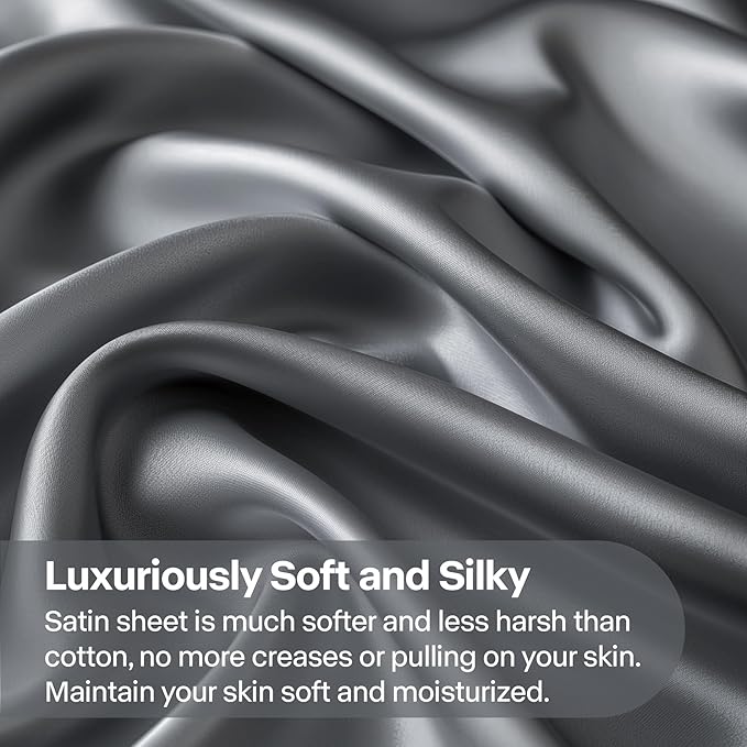 BEDELITE Satin Sheets Full Size Bed Set, Luxury Soft Dark Grey Silky Sheets - Image 3