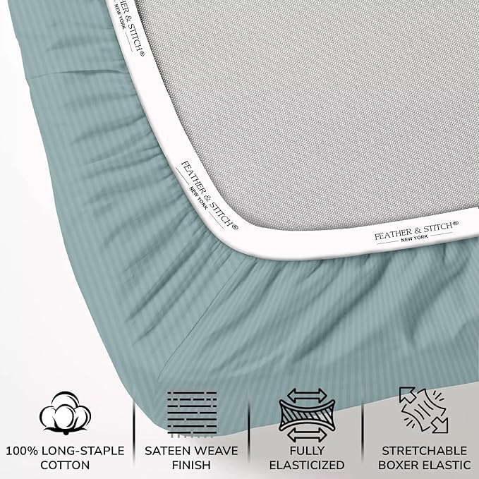 Feather & Stitch 1 Piece Fitted Sheet Queen Size, 100% Cotton Damask Sateen - Image 2