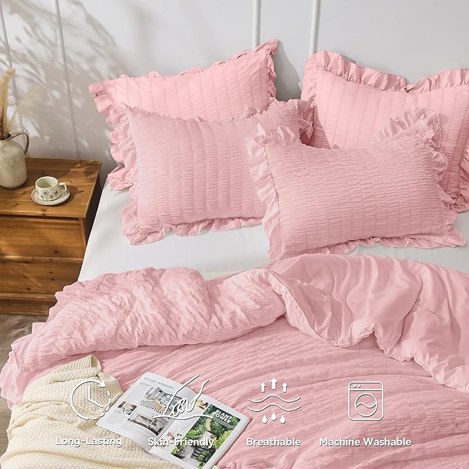 JOLLYVOGUE Pink Seersucker Queen Comforter Set, 3 Pieces Bed in a Bag Comforter - Image 2