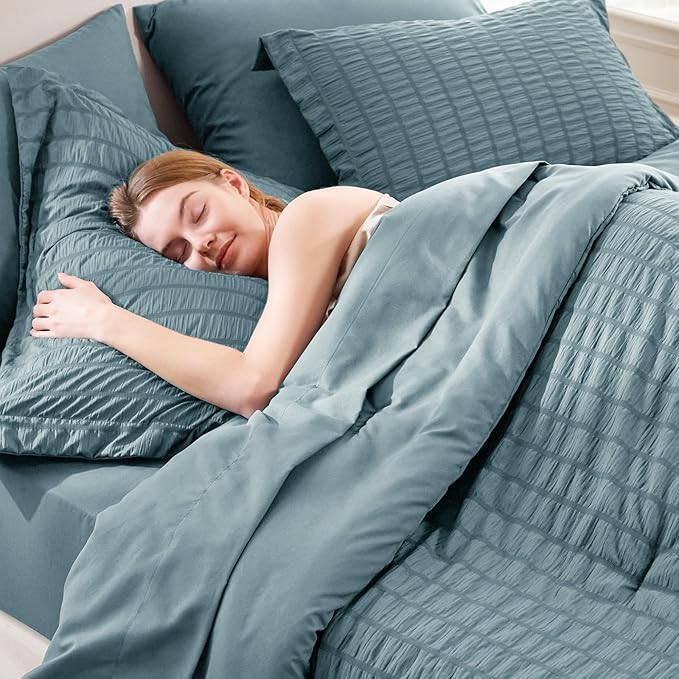 CozyLux Oversized King Comforter Set Mineral Blue Seersucker 7 Pieces 120x98 - Image 5