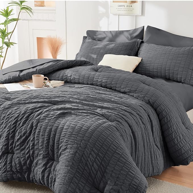 HYMOKEGE Queen Comforter Set Seersucker 7 Pieces, All Season Luxury Bed in a Bag by HYMOKEGE
