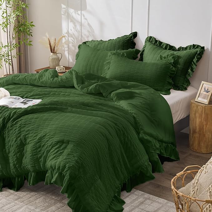 JOLLYVOGUE Dark Green Twin Size Comforter Set, 2 Pieces Seersucker Lightweight - Image 2
