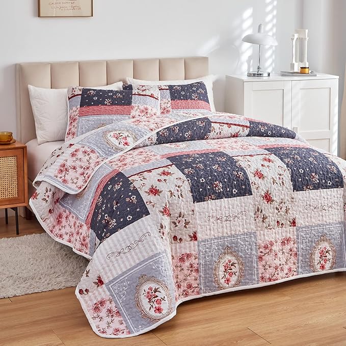 Patchwork Quilt Set Twin Size, 2 Pieces Pink Purple Floral Plaid Design Summer - Image 2