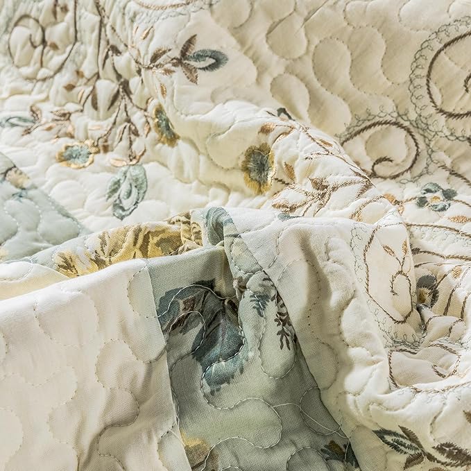 ROOMLIFE Quilt Set Full/Queen Size 3D Floral Embroidery Pattern 3-Piece Cotton - Image 5