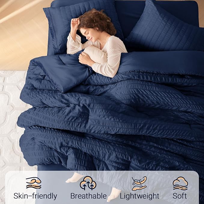 MUXHOMO 7 Pieces King Comforter Set, Seersucker Bed in a Bag King Size - Image 2