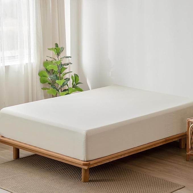 MooMee Fitted Bottom Sheet Only 100% Washed Cotton Linen Like Textured Breathable Durable Soft Comfy Deep Pocket Fits Mattress up to 17" (Cream White, Queen)