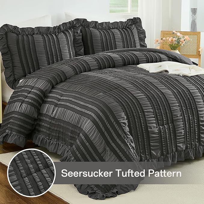 WONGS BEDDING King Size Comforter, Dark Grey Boho Comforter Set King, Shabby - Image 2