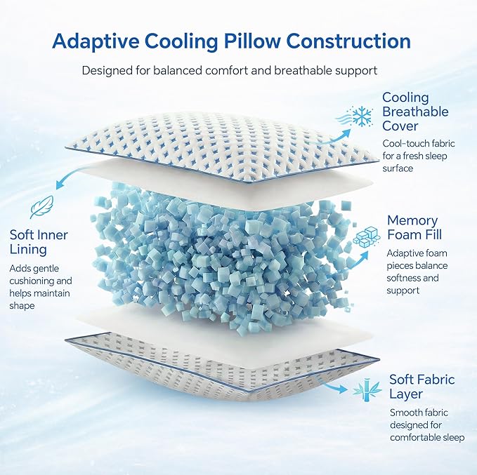 Queen Size Pillow 1 Pack for Sleeping, Cooling Adjustable Memory Foam Pillow - Image 3