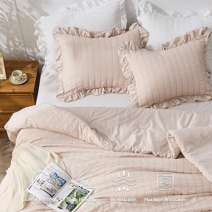 JOLLYVOGUE Beige King Comforter Set, 3 Pieces Seersucker Comforters King Size - Image 2