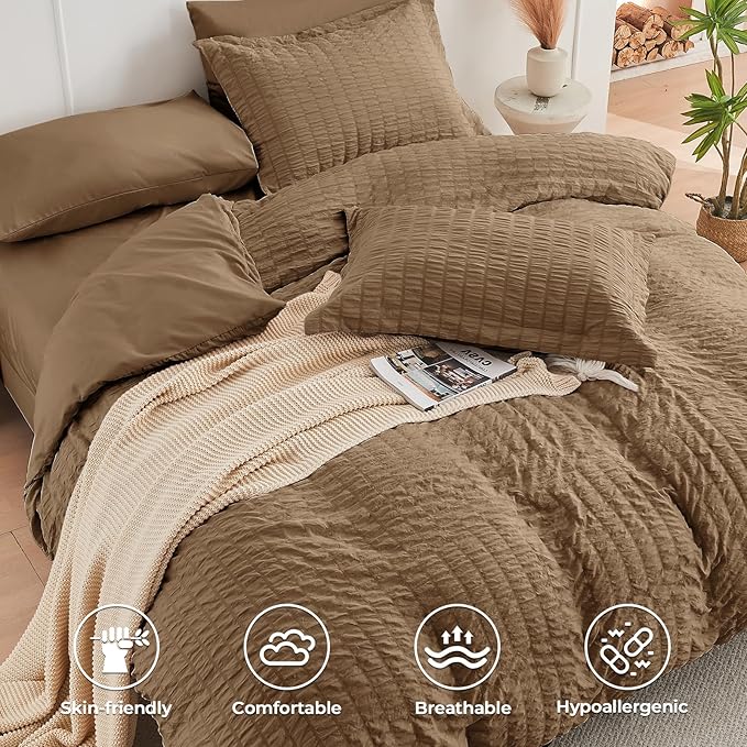 HYMOKEGE Brown Queen Comforter Set Seersucker 7 Pieces, All Season Luxury Bed - Image 3