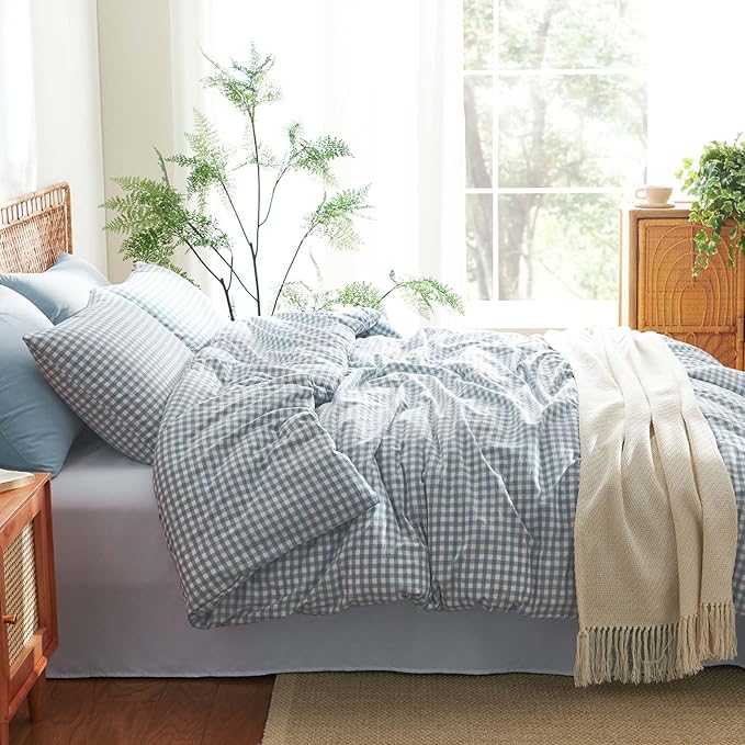 Nayoroom Gingham Duvet Cover Queen Size 100% Washed Cotton Blue Plaid Checkered - Image 2