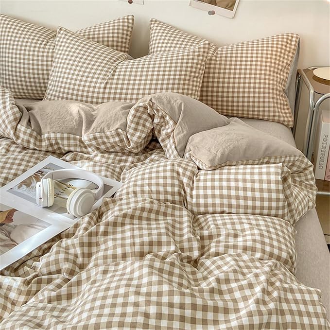Nayoroom Gingham Duvet Cover Queen Size Brown Tan Plaid Checkered Comforter - Image 3