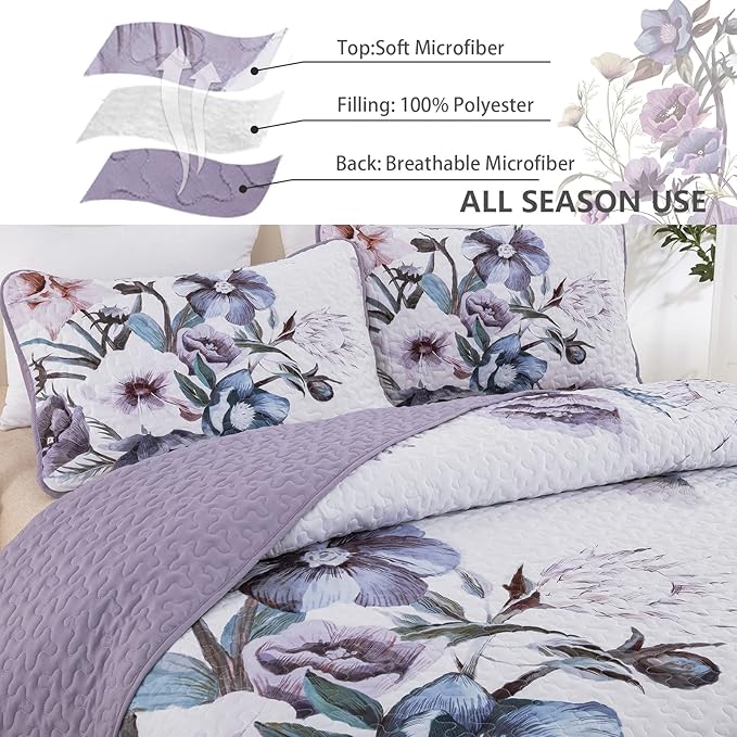 Floral Quilt Set Twin 2 Pieces Boho Purple Floral Quilt Coverlet Set Soft - Image 4