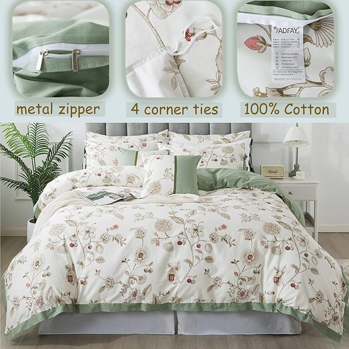 FADFAY Floral Bedding Set Queen 100% Cotton Shabby and Chic Beige Green - Image 3