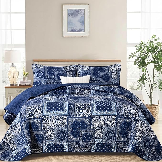 Cottolester Blue Patchwork Quilt Set Queen Size, Boho Navy Blue Quilt Set by Cottolester