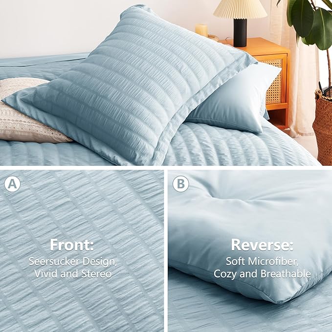 CozyLux Oversized King Comforter Set Light Blue Seersucker 7 Pieces 120x98 Bed - Image 4