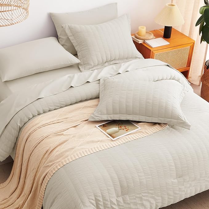 CozyLux Queen Comforter Set Oatmeal Seersucker 7 Pieces Bed in a Bag Queen - Image 6