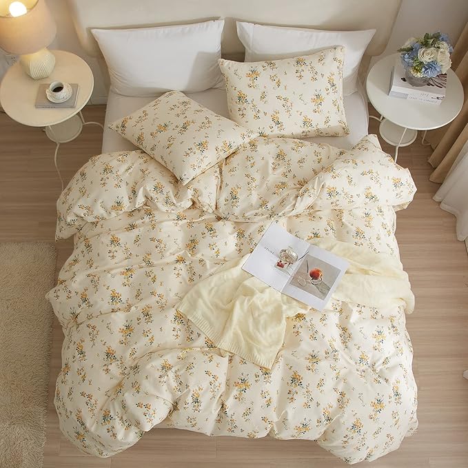 mixinni Aesthetic Floral Duvet Cover Set King Size, Farmhouse Boho Yellow - Image 4