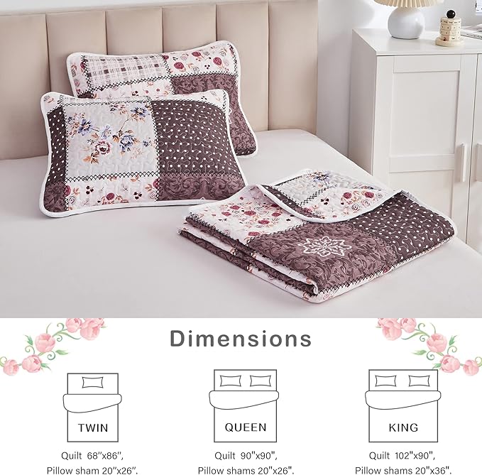 Patchwork Quilt Set Twin Size, 2 Pieces Brown White Floral Plaid Design Summer - Image 7