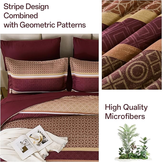 WONGS BEDDING Burgundy Comforter Set Queen Size, 7 Pieces Maroon Striped Bed in - Image 8
