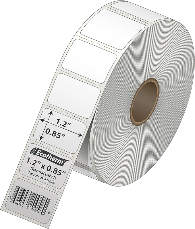 1.2" x .85" Thermal Labels | 4 Rolls | 8800 Labels | fits Zebra, Godex, Arkscan, iDPRT, Offnova Thermal Label Printers and More | Blank White Adhesive Stickers by Ecotherm-DeskoryOffice