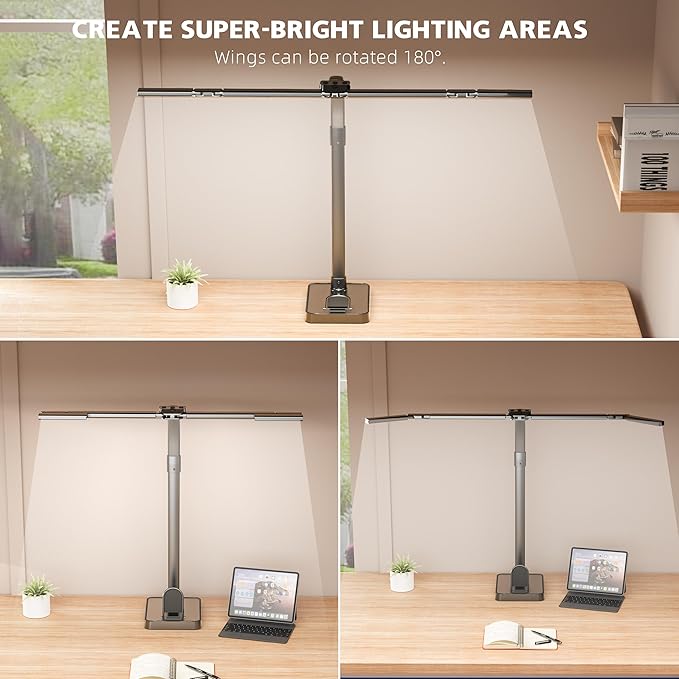 LED Desk Lamp for Home Office - 24W Bright Double Head Desk Light with Clamp Eye Caring Architect Task Light 25 Lighting Modes Adjustable Flexible Gooseneck Lamp (All Black)-DeskoryOffice