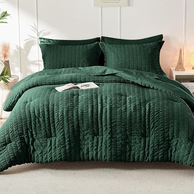 HYMOKEGE Emerald Green King Size Comforter Set Seersucker 7 Pieces, All Season - Image 9