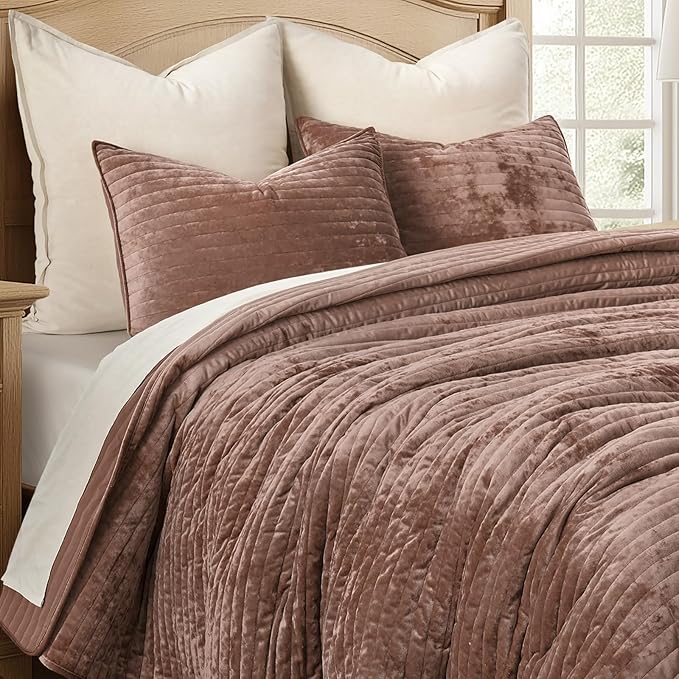 EVERGRACE Velvet Quilt Set Full Queen Size, Luxurious Soft Striped Channel - Image 6