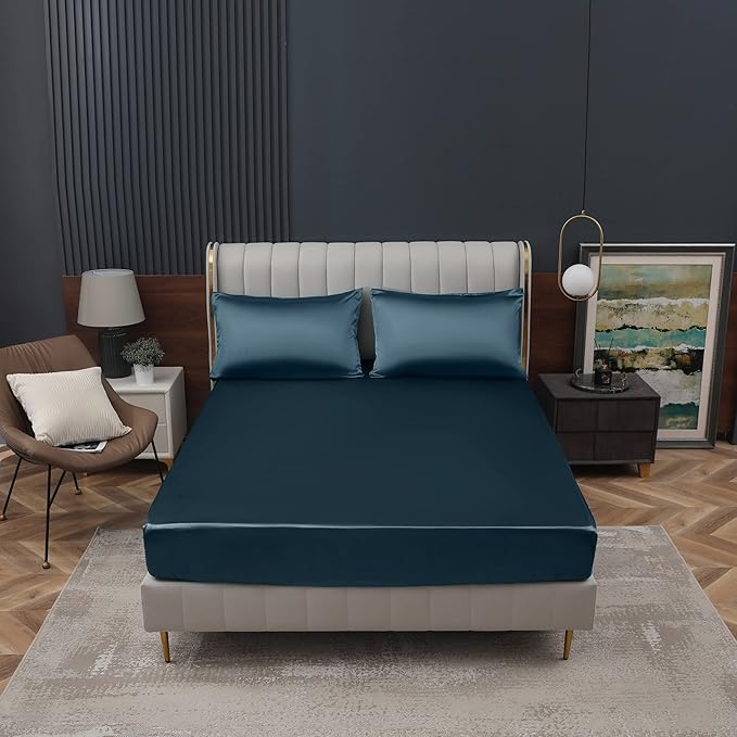 Homiest Deep Sea Blue Satin Fitted Sheet Queen Size, Deep Pocket, Luxury & - Image 2