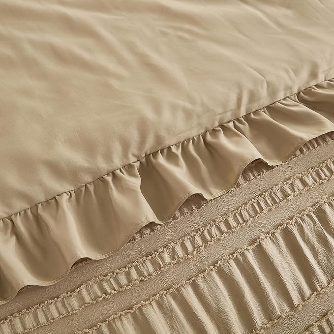 WONGS BEDDING Khaki Comforter Set Queen, 3 Pieces Ruffle Farmhouse Shabby Chic - Image 6