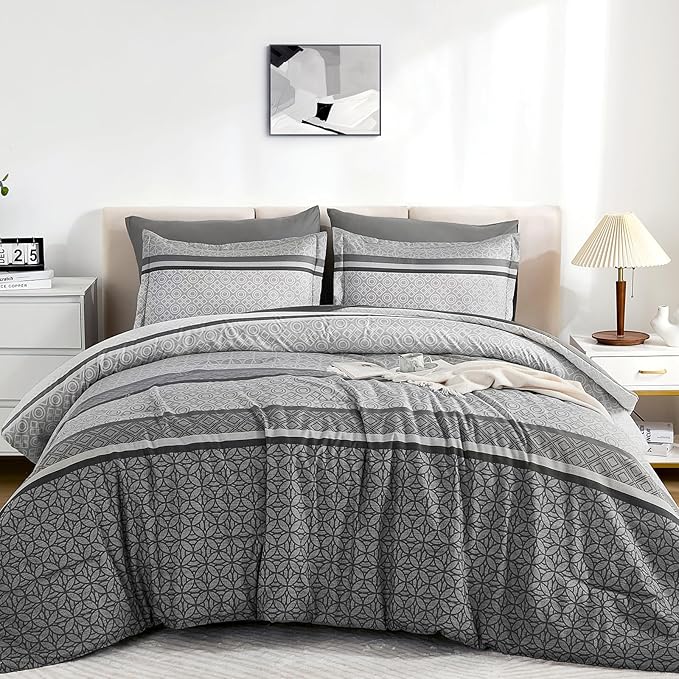 WONGS BEDDING Grey Comforter Set King Size, 7 Pieces Striped Bed in a Bag - Image 9