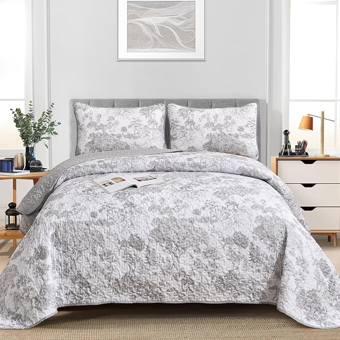 WONGS BEDDING Grey Quilt Set King Size, 3 Pieces Botanical Bedspreads Set - Image 2