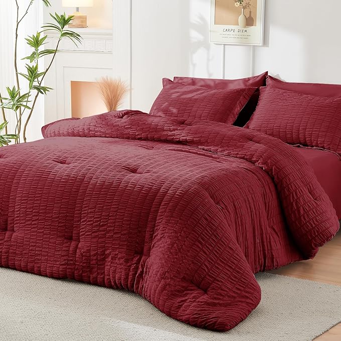 HYMOKEGE Burgundy Queen Comforter Set Seersucker 7 Pieces, All Season Luxury - Image 8